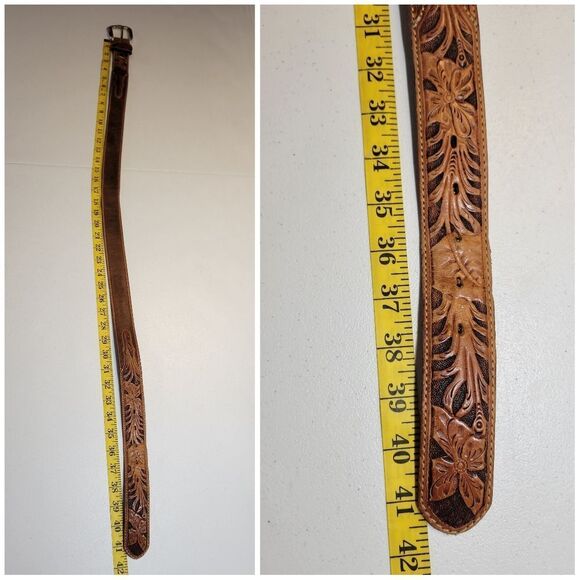 Tony Lama Brown Leather Floral Tooled Belt with Silver Buckle Top Hand - Picture 14 of 16